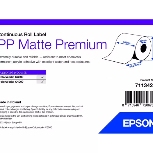 Matte Inkjet PP Label Premium, 102mm x 29mm, Continuous Roll