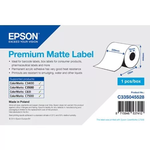 Epson Premium Matt Inkjet Paper Labels 220mm x 750m - 76mm Core 